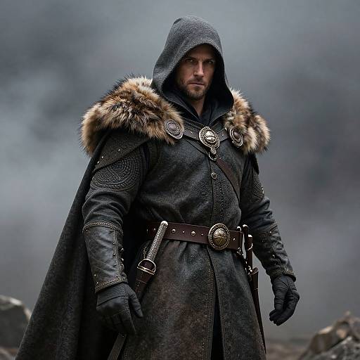 Photograph of a rugged, bearded man in a dark, fur-trimmed hooded cloak with intricate armor and belts, standing against a storm