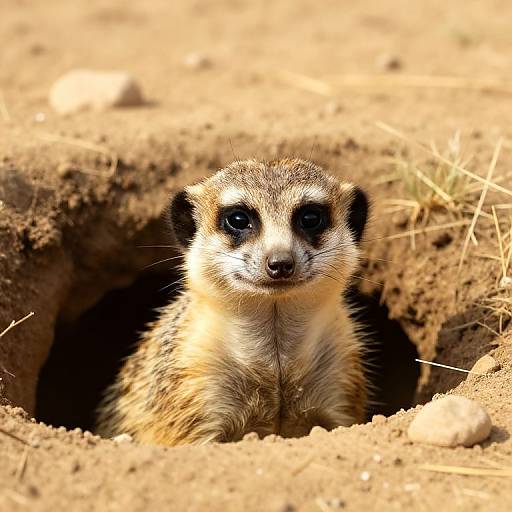 Photograph of a meerkat with black eyes and light brown fur, peeking out of a sandy burrow in a sunlit, dry environment