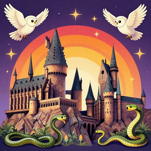 Digital illustration of Hogwarts castle at sunset, with two white doves flying and a green snake coiled at the base.