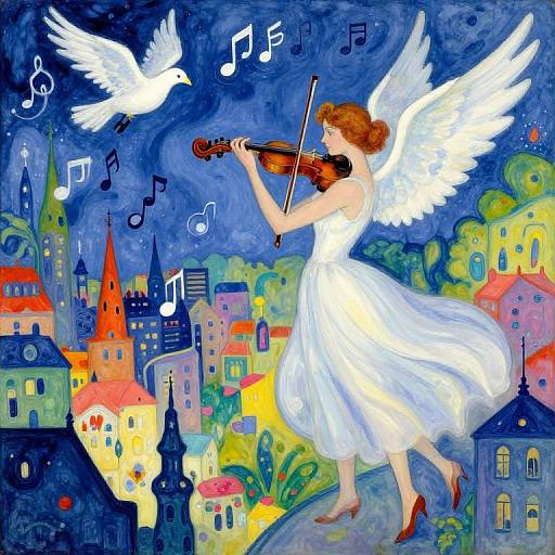 Vivid painting of an angelic woman with white wings playing violin, surrounded by colorful, whimsical buildings and musical notes, with two white doves