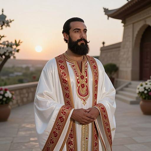 Wise Bearded Man in Sunlit Courtyard
