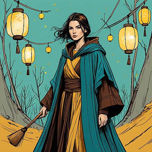 Dark-Haired Mage in Mystic Lantern Forest