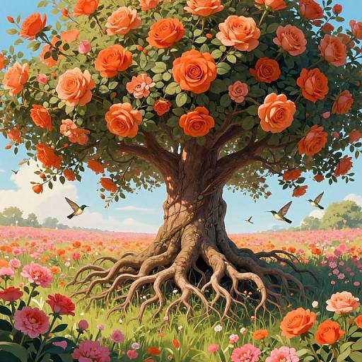 Digital painting of a vibrant orange rose tree with intricate roots, surrounded by a field of pink and red roses, under a bright blue sky with fluttering