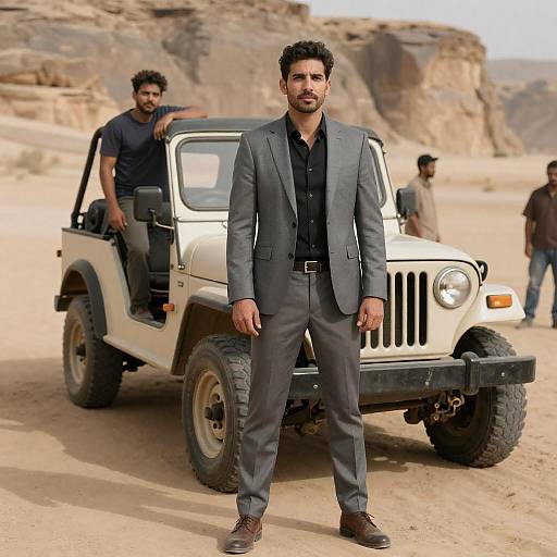 Confident Man in Desert with Jeep