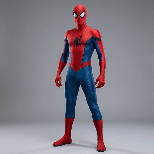 Photorealistic CGI of Spider-Man in a red and blue superhero suit with a black spider emblem, standing against a gray gradient background.
