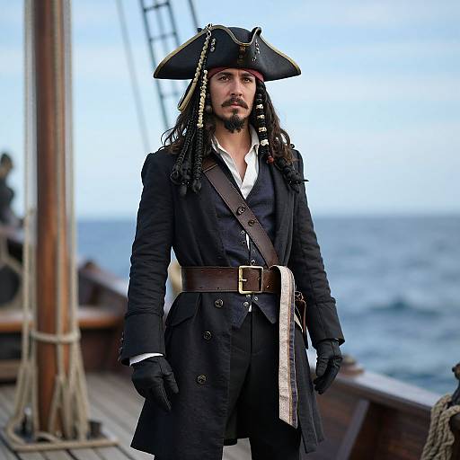 Photograph of a stern-faced man with long dreadlocks, wearing a black pirate coat, tricorn hat, and gloves, standing on a wooden ship