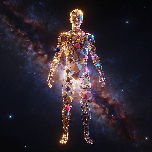 Digital art: Silhouetted human figure illuminated with colorful geometric shapes against a cosmic galaxy background, blending human form with celestial textures.