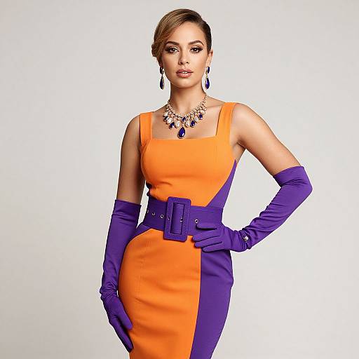 Confident Woman in Stylish Orange-Purple Dress