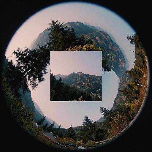 Fisheye lens photograph of mountain landscape with a large white square overlay, surrounded by dark green pine trees and a cloudy sky.