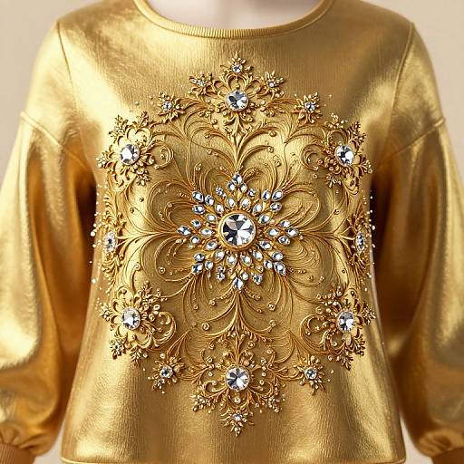 Photograph of a gold, long-sleeve top with intricate floral embroidery featuring silver rhinestones on the chest. The fabric has a shiny