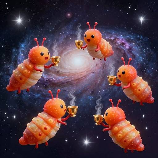 Digital art: Four adorable, orange, segmented, caterpillar-like aliens with antennae, floating in space, holding golden cups, surrounding a glowing galaxy