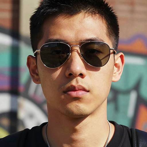Close-up photograph of an Asian man with short black hair, wearing aviator sunglasses, black t-shirt, and silver necklace, against a blurred urban background
