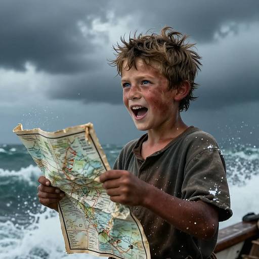 Photograph of a dirty, excited young boy with messy hair, holding a map, standing on a stormy beach with crashing waves.