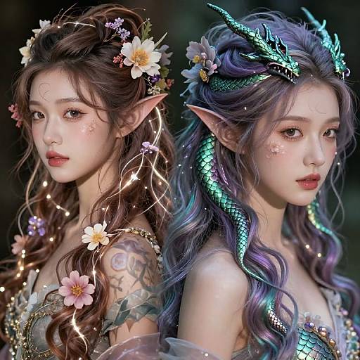 Digital painting of two fantasy elf women with long, flowing hair, floral crowns, dragon horns, and intricate tattoos, glowing softly against a dark background