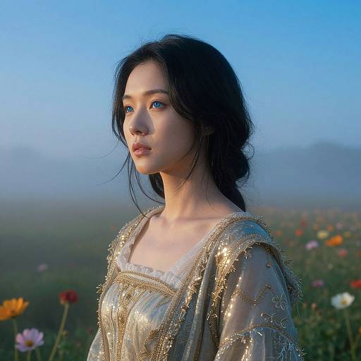 Digital portrait of an ethereal Asian woman with fair skin, black hair, blue eyes, wearing a gold-embellished, sheer gown, standing