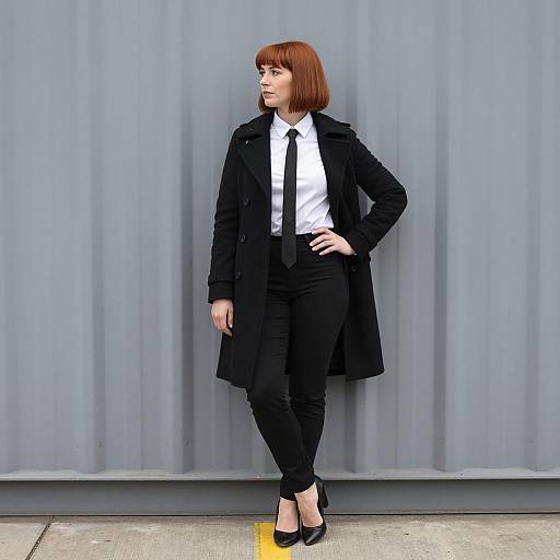 Confident Woman in Black Coat by Gray Wall