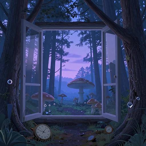 Digital fantasy artwork: Open window reveals enchanted forest with glowing blue moonlight, large red-and-white mushrooms, and a clock on forest floor.