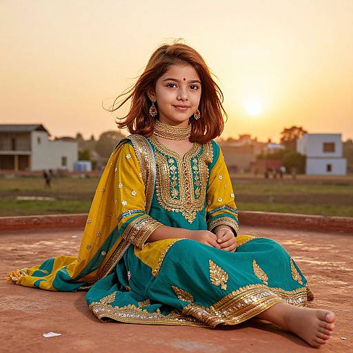 Photograph of a young girl with medium brown skin and dark brown hair, wearing a yellow and teal traditional Indian dress with gold embroidery, sitting on a