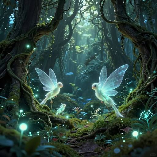 Digital fantasy artwork of two glowing, translucent fairy-like creatures with delicate wings in a mystical, illuminated forest, surrounded by bioluminescent fireflies.