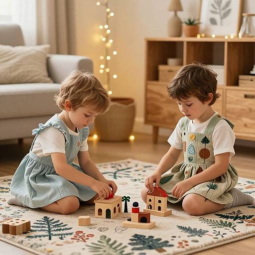 Photograph of two young children, a girl in a blue dress and a boy in a green pinafore, playing with wooden toys on a pattern