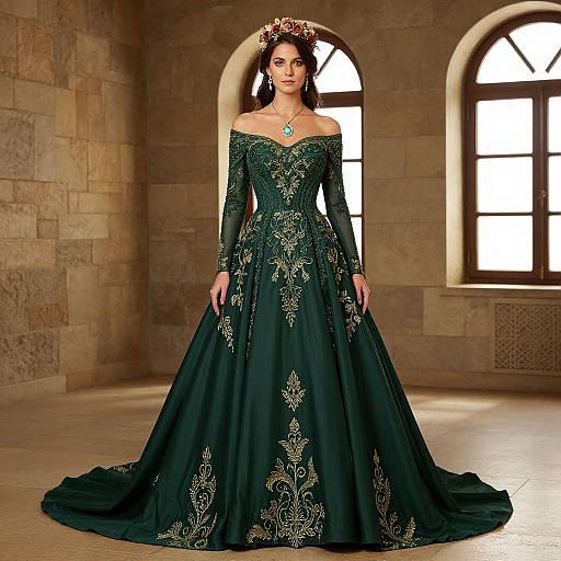 Photograph of a dark green, off-shoulder, long-sleeve ball gown with gold floral embroidery, worn by a woman with dark hair