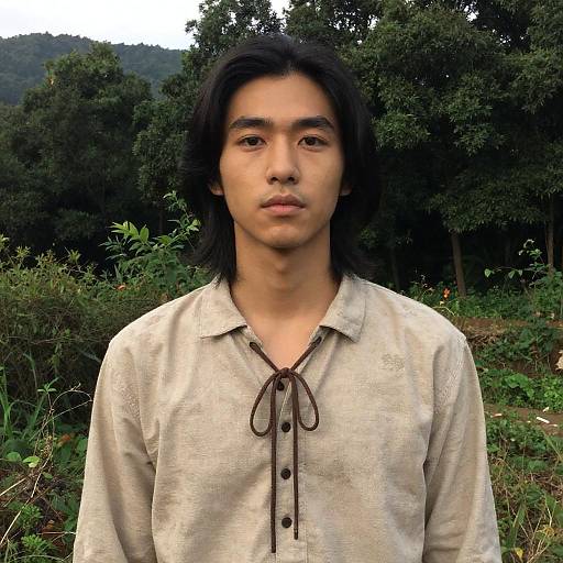 Young Asian Man in Forest Landscape