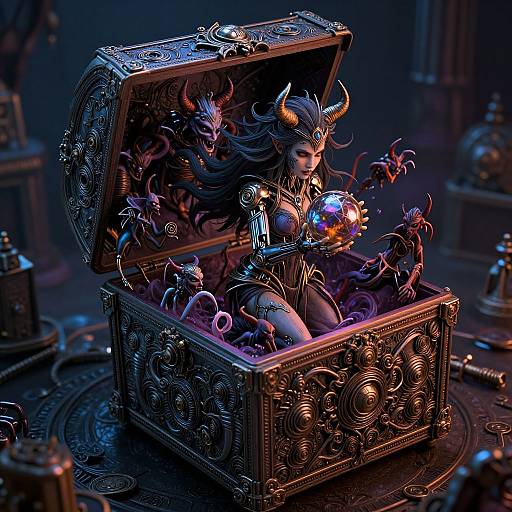 Digital artwork of a dark, horned sorceress holding a glowing orb, emerging from an ornate, intricately carved, open treasure chest in