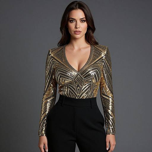 Photograph of a confident woman with long dark hair, wearing a shimmering gold sequin V-neck top and high-waisted black pants, against