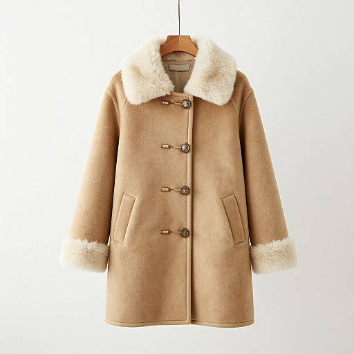 Photograph of a beige, long wool coat with a white fur collar and cuffs, three toggle buttons, and side pockets.