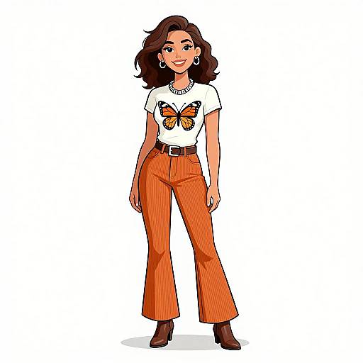Digital illustration of a smiling woman with dark wavy hair, wearing a white butterfly shirt, orange high-waisted pants, brown belt, and brown