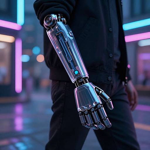 Photograph of a person's cybernetic arm, shiny metallic with blue lights, in a neon-lit urban street at night.