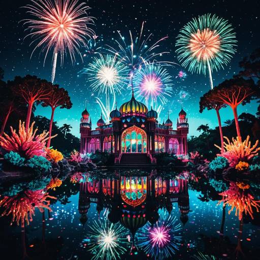 Fairy-Tale Crystal Palace with Fireworks and Lagoon Reflection