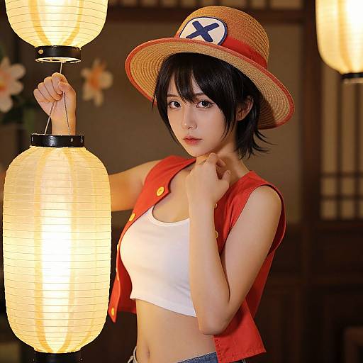 Photograph of an Asian woman cosplaying as a character from anime, wearing a straw hat with an 