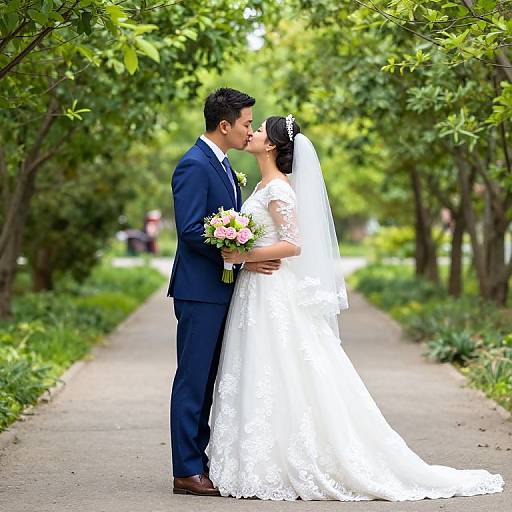 Photograph of a couple kissing in a lush, tree-lined pathway; groom in navy suit, bride in white lace gown, holding pink bouquet.