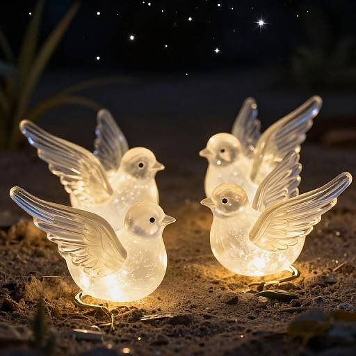 Photograph of three glowing, translucent angelic bird figurines with wings, illuminated from within, set on a dark, mossy ground at night,