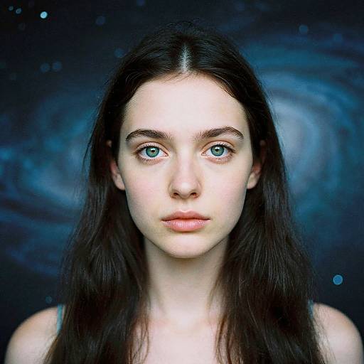 Digital portrait of a fair-skinned, blue-eyed woman with long dark hair, centered against a cosmic, swirling galaxy backdrop.