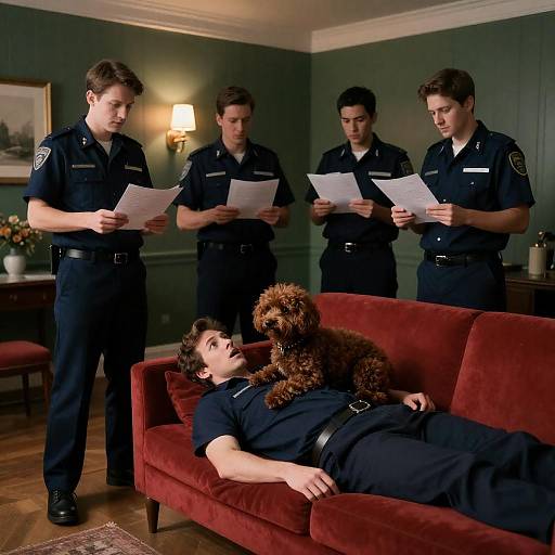 Navy Officers Inspect Playful Couch Scene