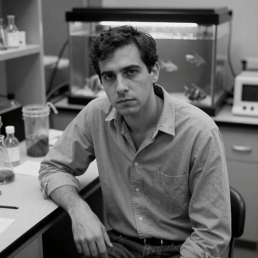 Intense Scientist in Cluttered Lab Setting