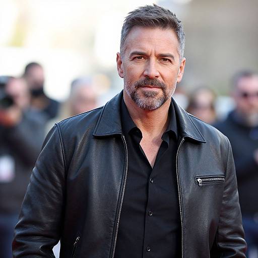 Photograph of a middle-aged man with short gray hair, full beard, wearing a black leather jacket over a black shirt, standing outdoors with a blurred