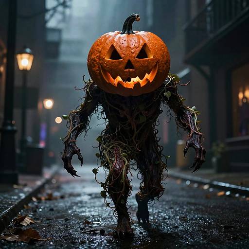 Photograph: Glowing, carved Jack-o'-lantern with twisted, vine-like arms walks down a foggy, wet, dimly-lit