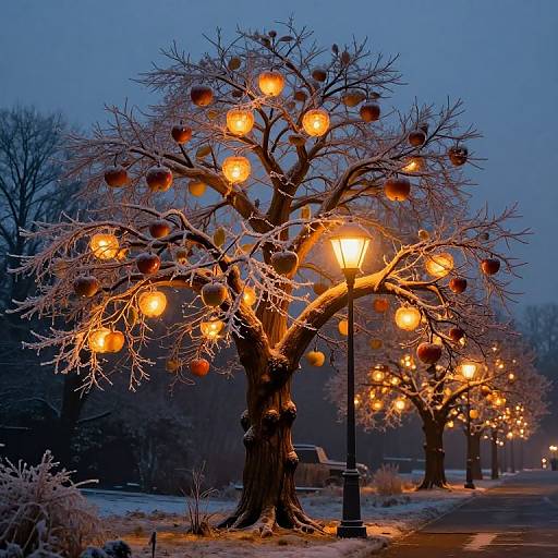 Photograph of frost-covered trees adorned with glowing orange lights and hanging ornaments, illuminated by street lamps, on a snowy, twilight street.
