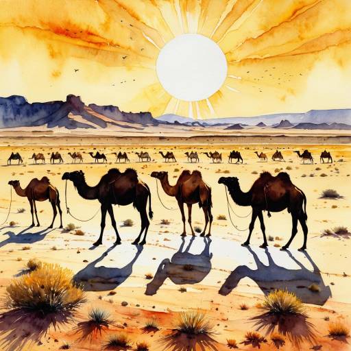 Watercolor Desert Landscape with Camels Watercolor Desert Landscape with Camels