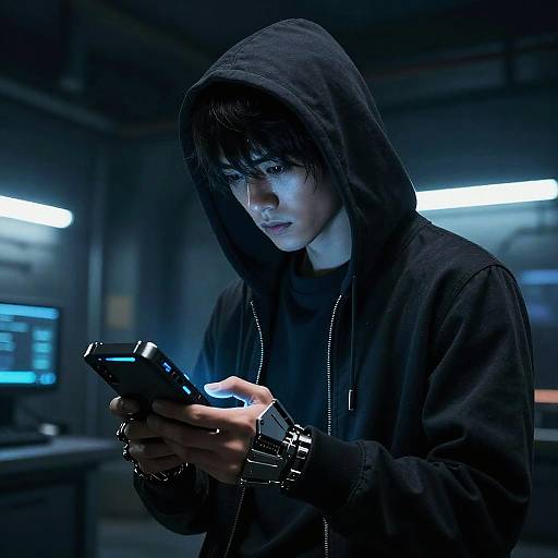 Photograph of a young man in a black hooded sweatshirt, intently focusing on a smartphone in a dimly lit, futuristic room with blue