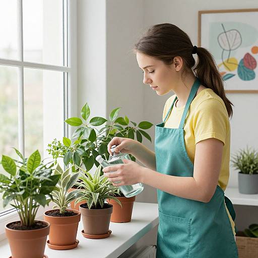 Young Woman Watering Indoor Plants