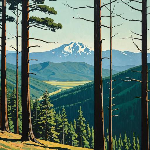 Mountain View Through Forest Trees Painting