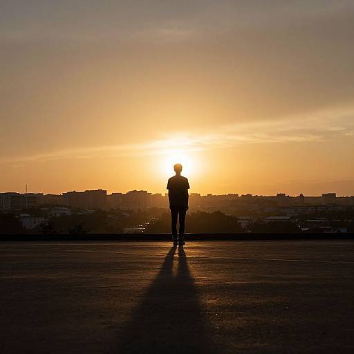 Silhouetted person stands on rooftop, back to camera, watching vibrant orange sunset over cityscape. Long shadow stretches across dark, textured surface.