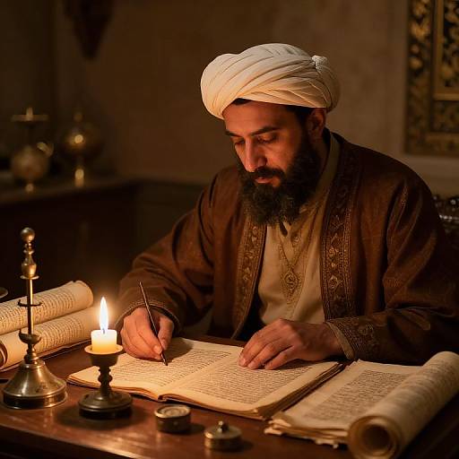 Photograph of a bearded Middle Eastern man in a white turban, brown robe, writing in an illuminated manuscript by candlelight.