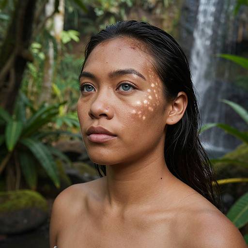 Photograph of a young Asian woman with wet, dark hair, light brown skin, and blue eyes, standing in a lush, forested area with