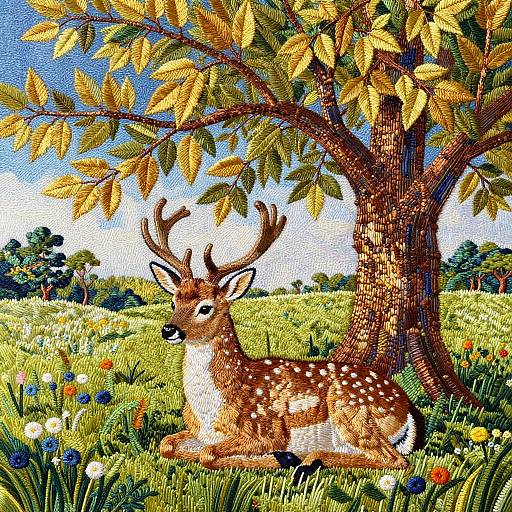 Embroidered Fawn Under Tree of Life