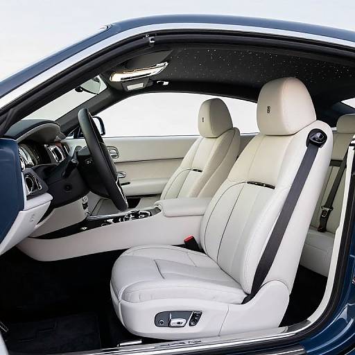 Photograph of a luxurious car interior with white leather seats, black dashboard, and a visible steering wheel with control buttons.